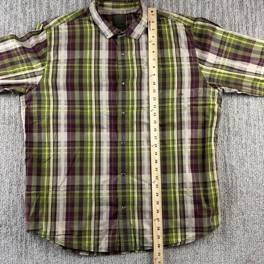 Prana Men's XL Plaid Pearl Snap Shirt Green Burgundy Beige Long Sleeve‎ Outdoor - Picture 9 of 12